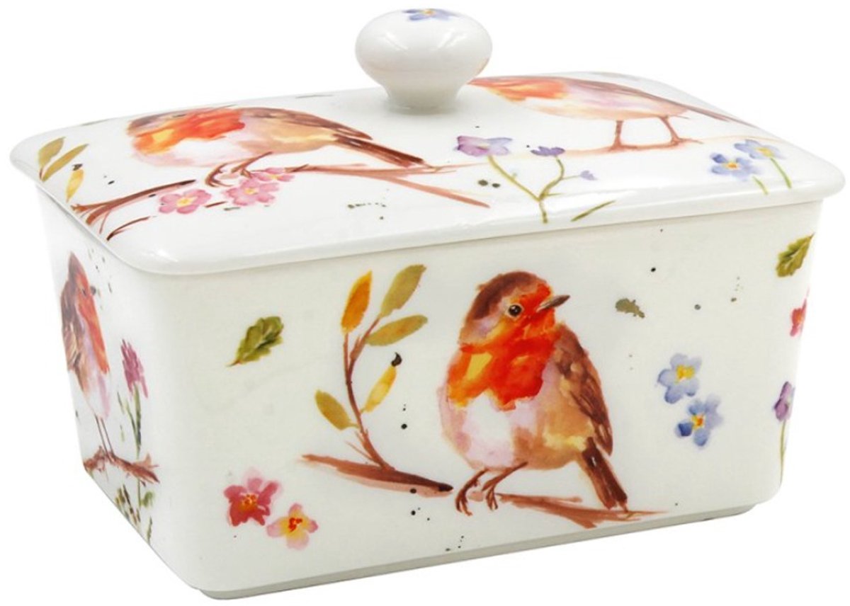 Cosy Creations- Porseleinen Botervloot met Roodborstje – Sfeervol Bloemendecor – 16 x 10 x 10 cm