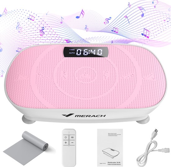 Roze Merach vibratieplaat met witte basis en een digitaal display met 06:40. Inclusief afstandsbediening en accessoires.