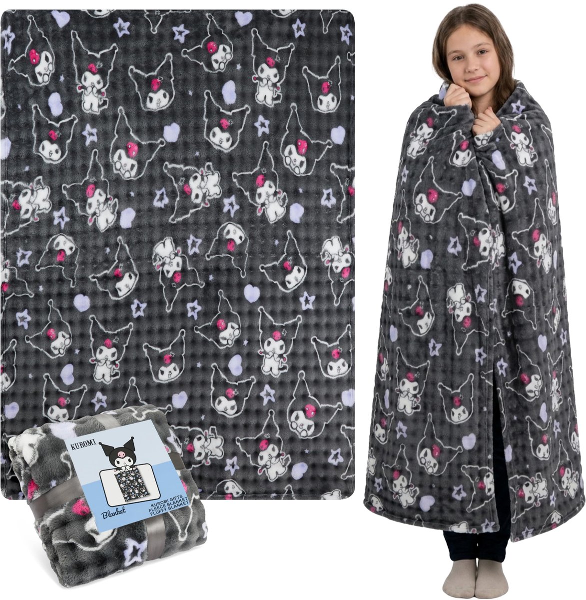 Famanu Kuromi fleece wafeldeken, 150 x 130 cm, Kawaii zachte plaid voor bank en bed, warme deken, perfect als cadeau voor haar, grijze Kuromi Zwart