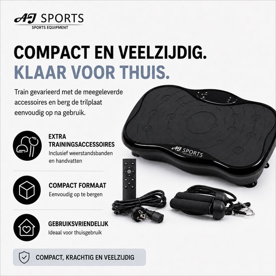 Zwarte AJ Sports trilplaat, compact en veelzijdig, met afstandsbediening, weerstandsbanden en handvatten.