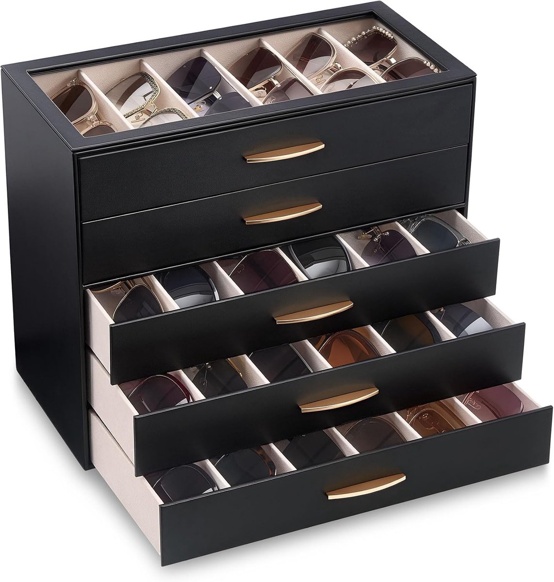 Lolalet 5 Layers Sunglasses Organizer, Glass Display Box with Transparent Lid Multiple Layers Eyeglasses Eyeglasses - ShopVlot
