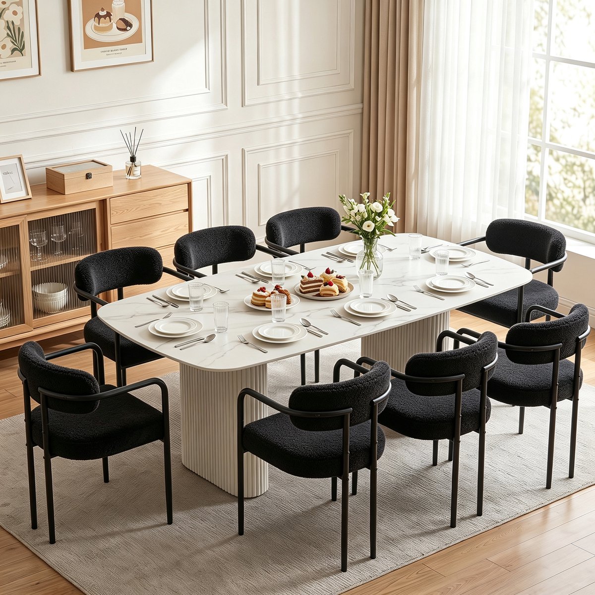 Puluomis - Eetkamerstoelen - Set van 8 - Teddy Fleece - Metalen poten - Gevoerde zitkussens - Zwart