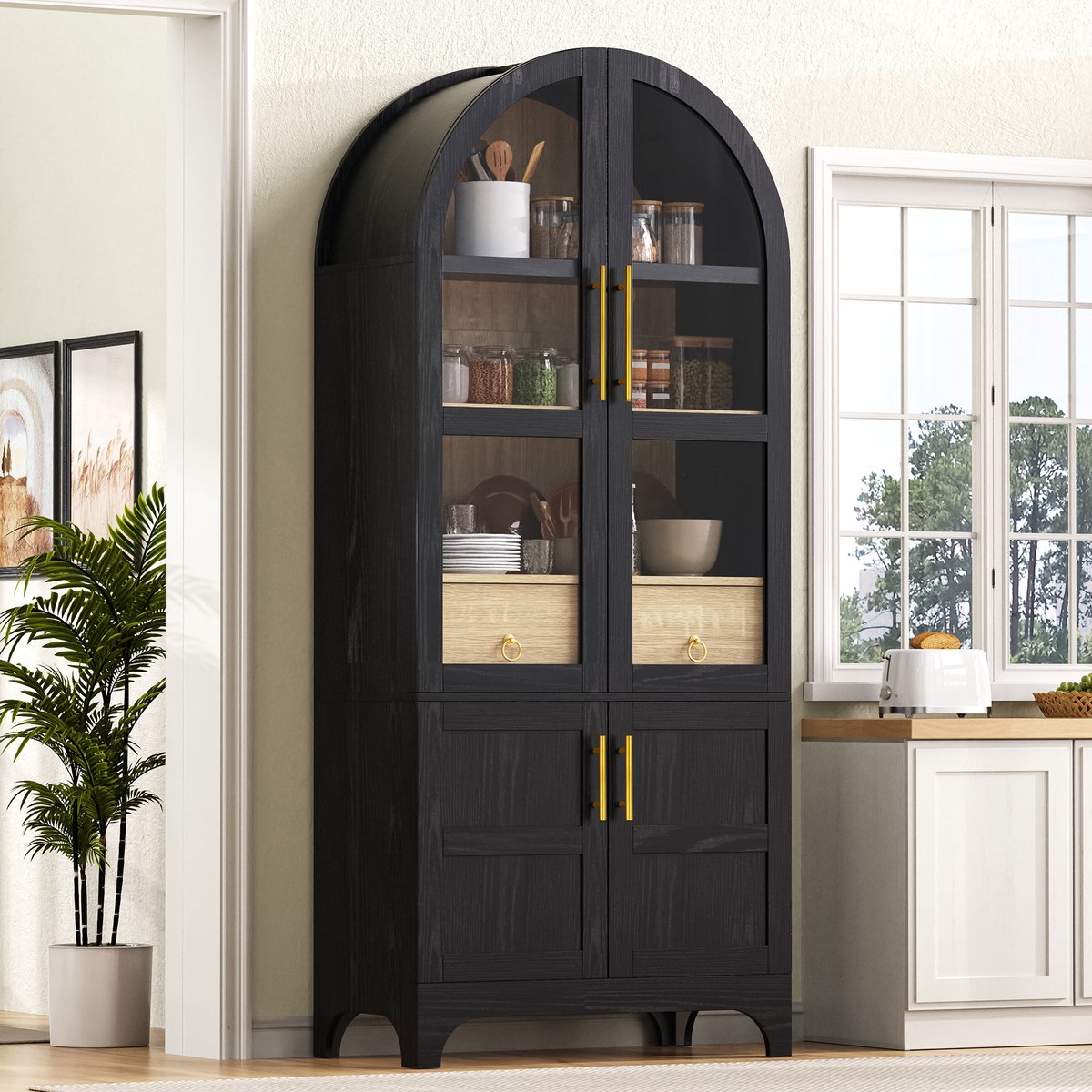 MIVRAY Keukenkast Highboard Met Riffelglas En Verstelbare Planken En Lade Voor Woonkamer Keuken En Eetkamer Zwart 76x40x180 Cm