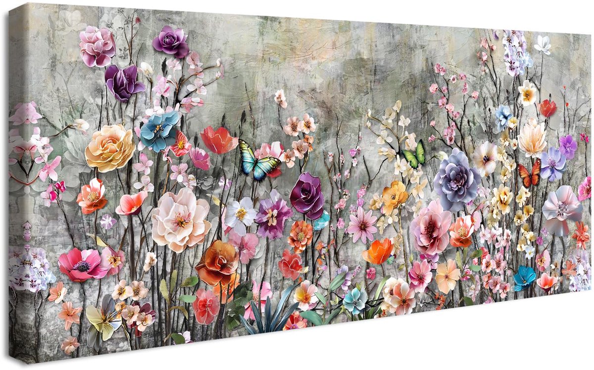Famanu – Groot canvas schilderij met vintage kleurrijke bloemen, muurkunst met eustoma, pioen en Phalaenopsis, vlinders, ideaal voor woonkamer, slaapkamer en restaurant