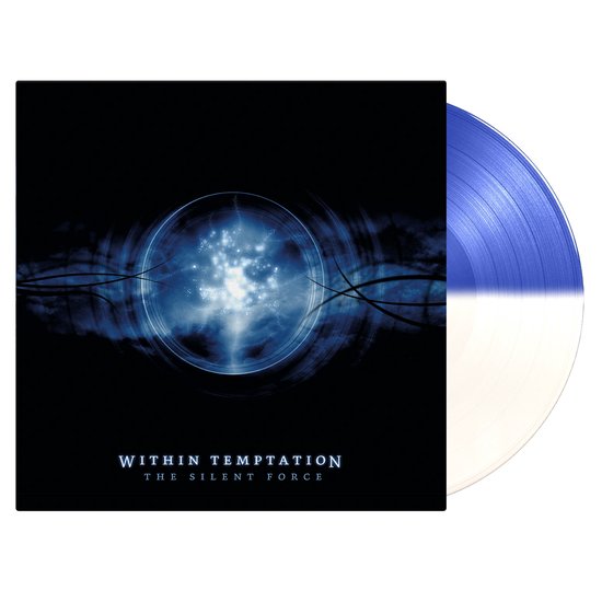 Albumhoes met een blauwe, wervelende kern, naast een gedeeltelijk zichtbare blauw-witte vinylplaat. Met de tekst "WITHIN TEMPTATION THE SILENT FORCE".