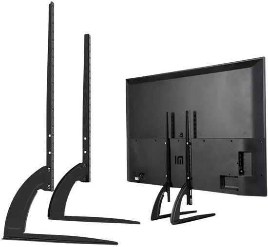 Twee zwarte TV-standaardpoten met verstelbare verticale steunen. Achterkant van een TV gemonteerd op een standaard.