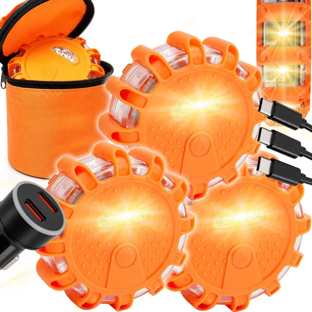 Auto of boot Alarmlichten Set - 3 Stuks - Magnetisch - USB-C Oplaadbaar - Noodpakket - Noodzwaailicht - Waarschuwingslicht - Noodverlichting Auto - Zwaailicht oranje – foto 6