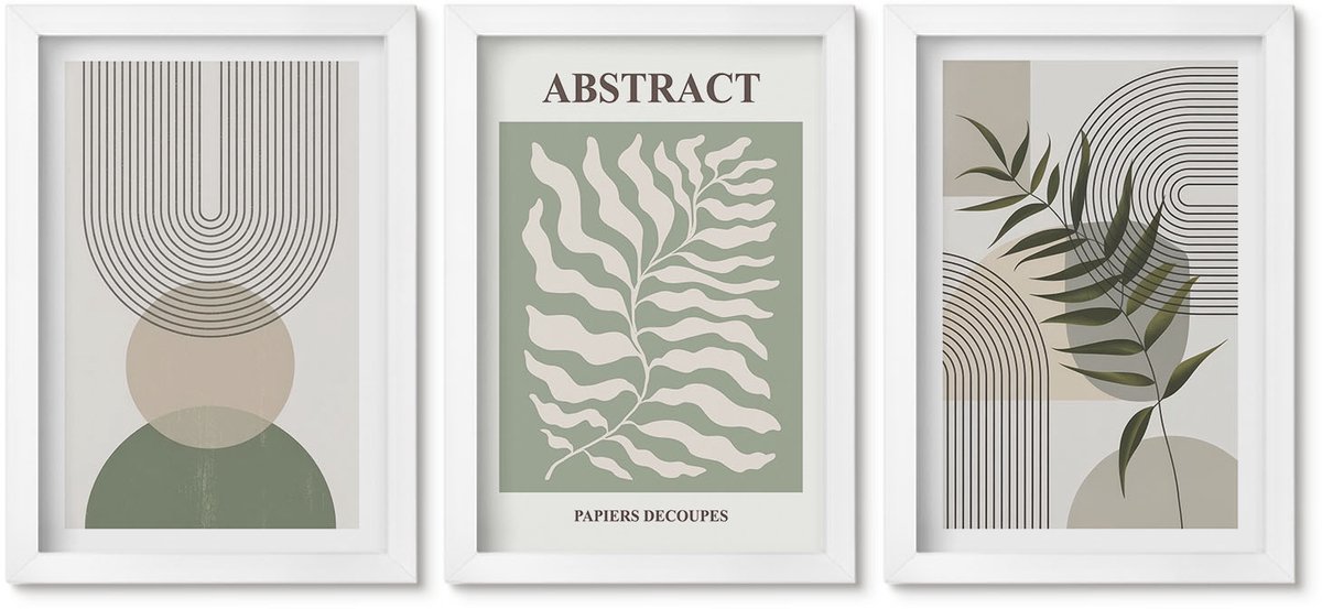 Wallfluent 3-Delige Schilderij Set - Botanische Abstracte Vormen In Boho-Rustieke Stijl - 20 x 30 - Wanddecoratie - Schilderijen Set - Interieur - Interieur Decoratie