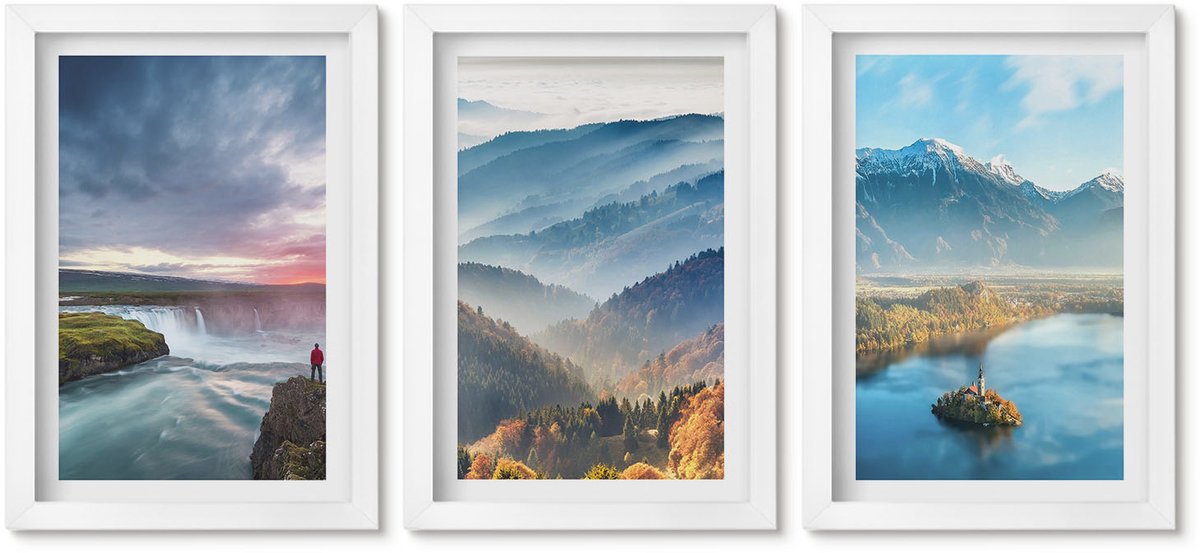 Wallfluent 3-Delige Schilderij Set - Schilderachtige Berglandschappen En Watervallen In De Natuur. - 20 x 30 - Muurdecoratie - Interieur Decoratie - Decoratieve Schilderijen