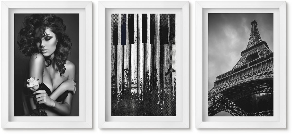 Wallfluent 3-Delige Schilderij Set - Portret Van Een Vrouw Met Een Roos, De Eiffeltoren En Een Pianopatroon - 20 x 30 - Schilderijen Set - Wanddecoratie - Woonkamer - Moderne Wanddecoratie