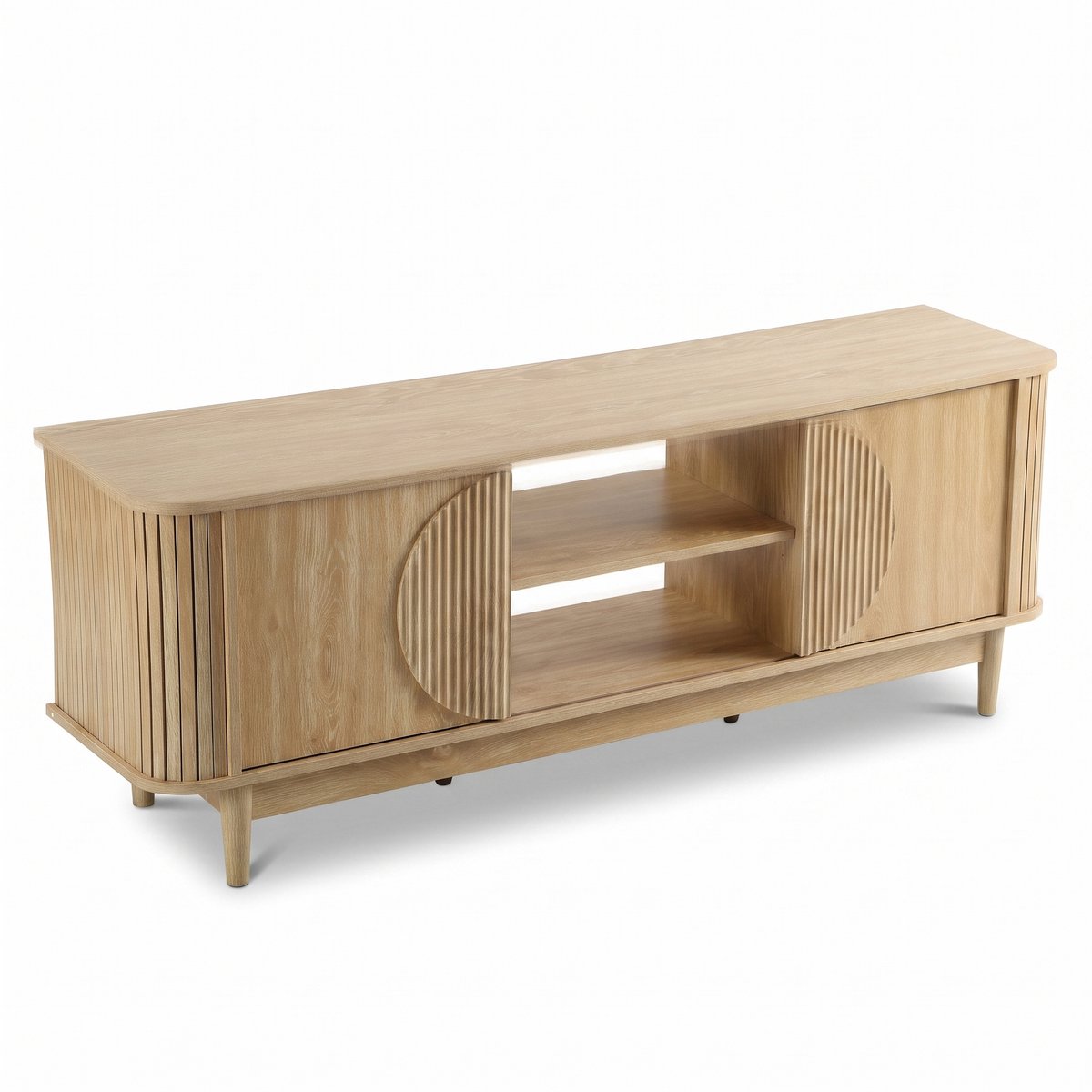 SensaHome Japandi TV Kast – TV-meubel met Geribbelde Schuifdeuren en Open Planken – 153x38x53 cm – Eiken