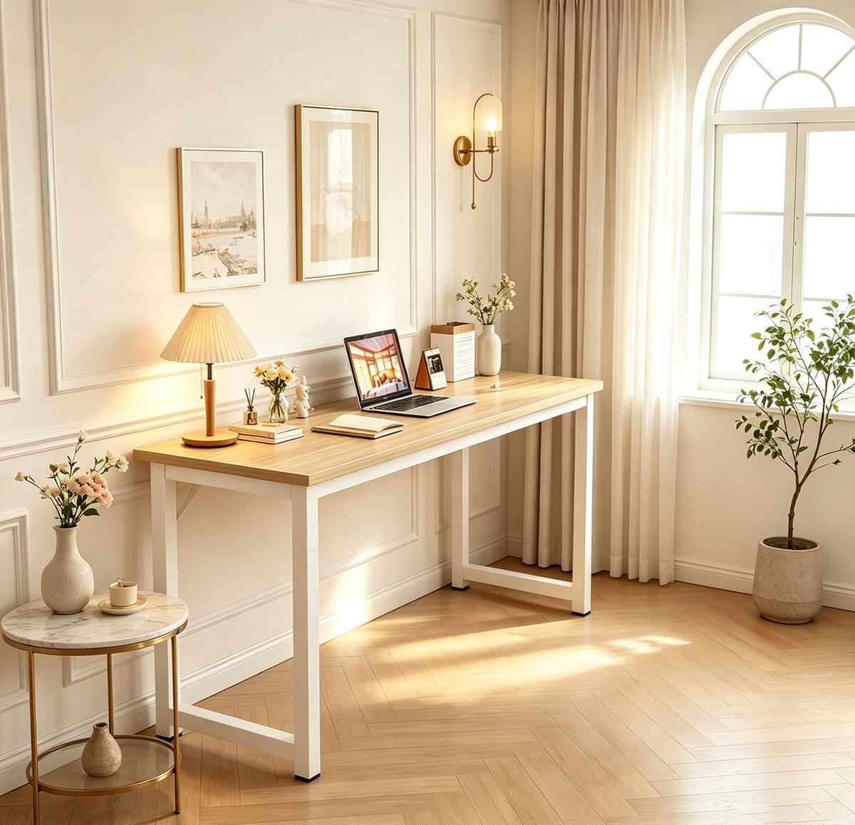 Dubbel rechthoekig bureau kantoorbureau computerbureau studiebureau smal wandbureau geschikt voor thuiswerkplek Afmetingen 120 x 40 x 75 cm Licht eiken