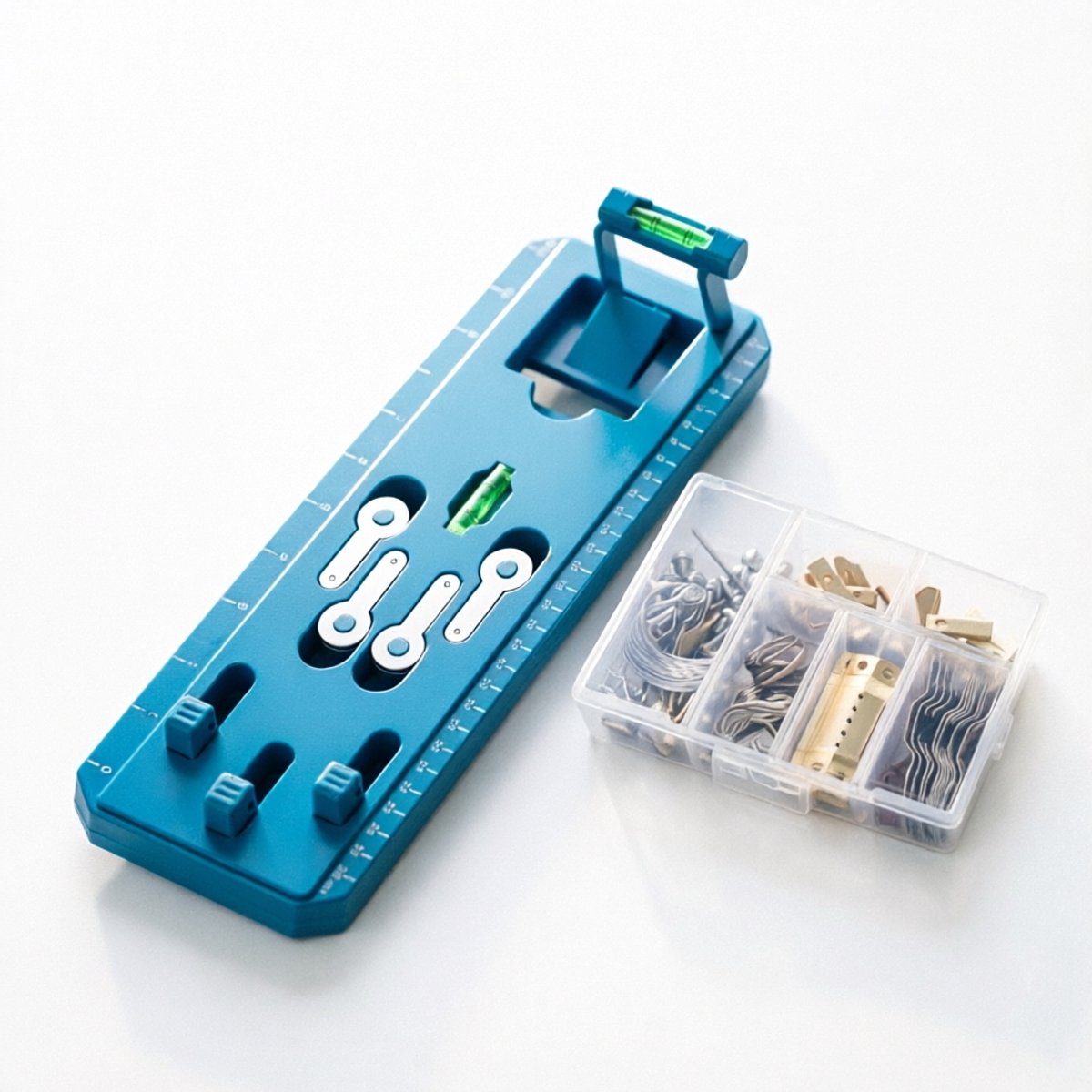 Namajunas - Foto lijst ophangset met waterpas - 87 delig - Met accessoires - snelle en nauwkeurige positionering - Wand ophang set - Voor het ophangen van fotolijst, schilderijen, doeken en lijsten - Blauwe