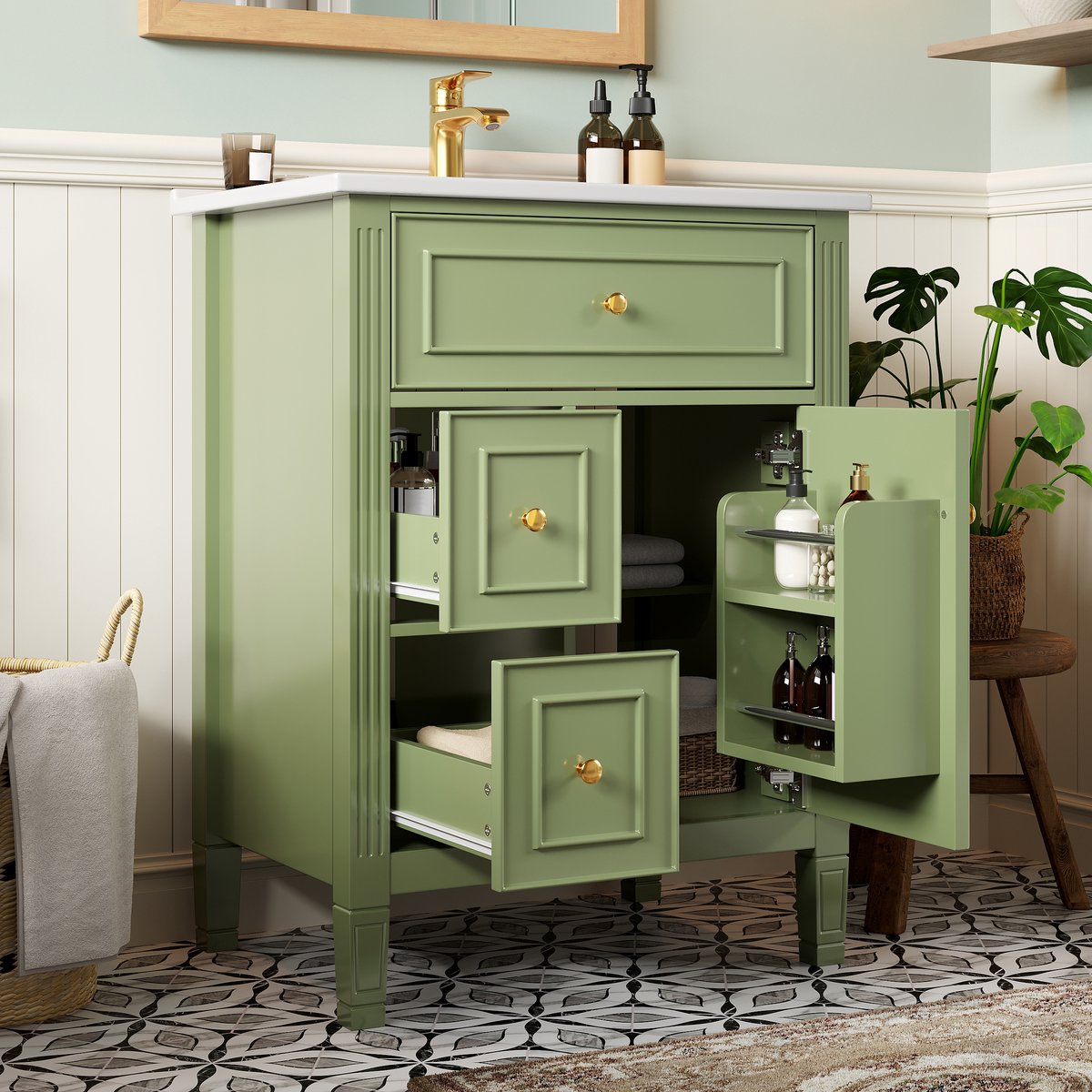 STILVORA Badkamerkast - Hoogglans Groen Met Keramische Wastafel En Softclose Deur - 61 Cm Staand Voor Badkamer - MDF - 61x47x86 Cm