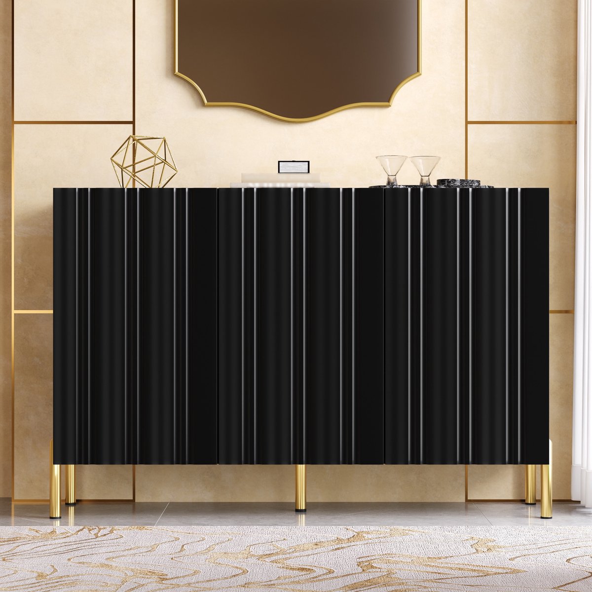 Schoenenkast Met 3 Deuren En Geribbelde Front - Verstelbare Planken En Geruisloze Scharnieren - Voor Hal En Woonkamer - MDF En Spaanplaat - Zwart - 120 X 35,5 X 80 Cm