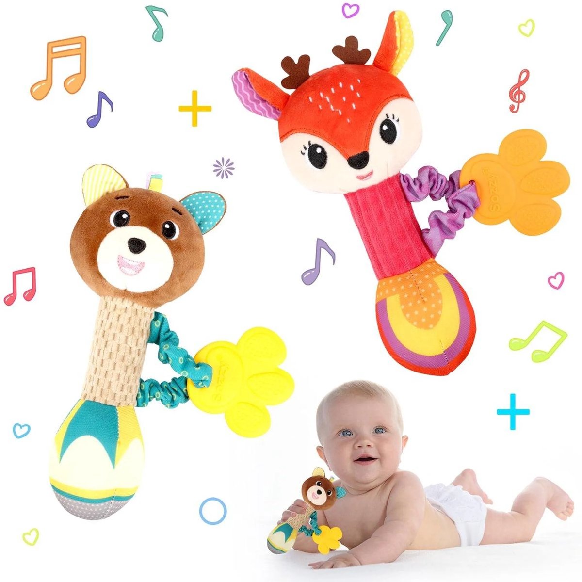 Casalora - 2-pack babyrammelaars - Geschikt voor jongens en meisjes van 0–12 maanden en 3–6 maanden - Grijpspeelgoed - Bevordert sensorische prikkeling - De ontwikkeling van het gehoor -Baby troost speelgoed - Hertje- en beertje modellering