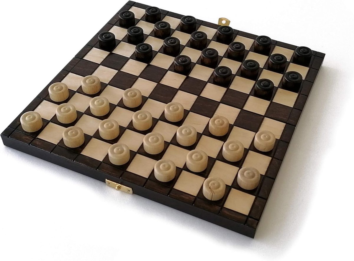 Dambord van Massief Hout - 28 x 28 cm - Opvouwbaar Damspel met Houten Speelstenen - Handgemaakt Reisspel met Opbergruimte