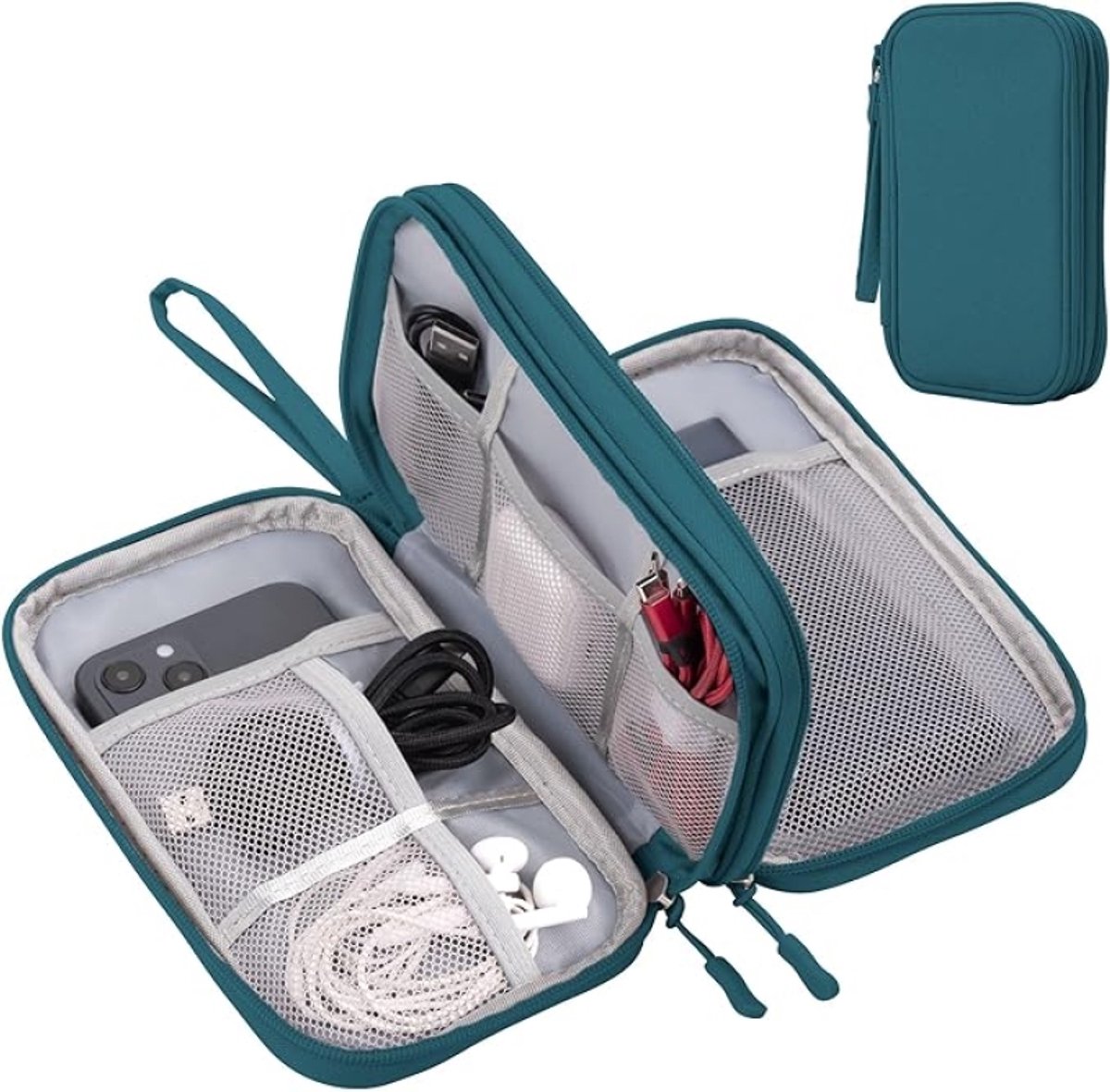 Huis Geluk Organizer voor reisaccessoires - Tweelaagse kabelhouder met grote capaciteit - Donkergroen