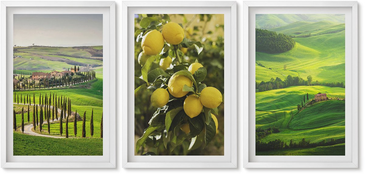 Wallfluent 3-Delige Schilderij Set - Italiaanse Landschappen Met Citrusbomen En Groene Heuvels - 40 x 60 - Stijlvolle Muurdecoratie - Slaapkamer - Decoratieve Schilderijen