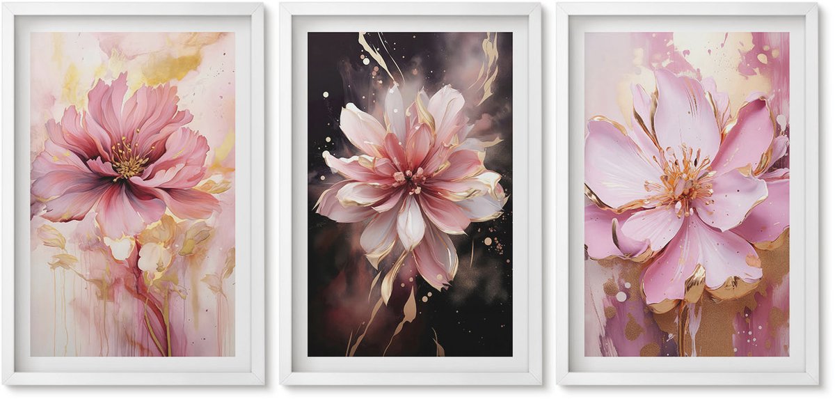 Wallfluent 3-Delige Schilderij Set - Bloemencomposities In Roze En Witte Tinten. - 40 x 60 - Wanddecoratie - Schilderijen Set - Interieur - Stijlvolle Muurdecoratie
