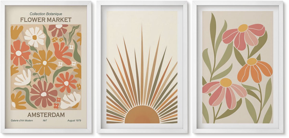 Wallfluent 3-Delige Schilderij Set - Bloemen In Pastelkleuren Met Zonnestralen - 40 x 60 - Muurdecoratie - Decoratieve Schilderijen - Wohnzimmer - Stijlvolle Muurdecoratie
