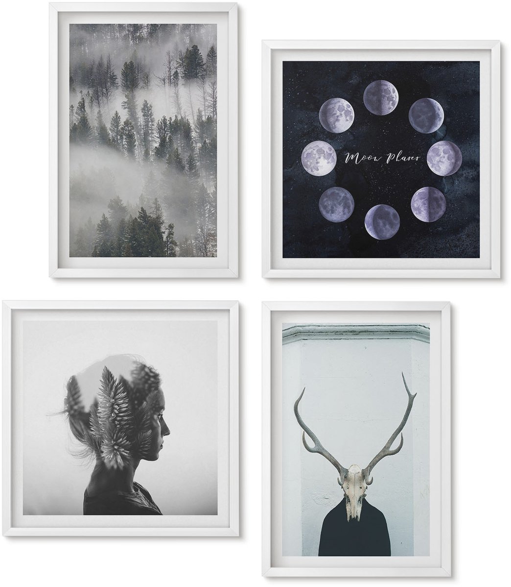 Wallfluent 4-Delige Schilderij Set - Bos In De Mist Maanfasen Hertenschedel Vrouw - 40 x 40 En 40 x 60 - Muurdecoratie - Interieur Decoratie