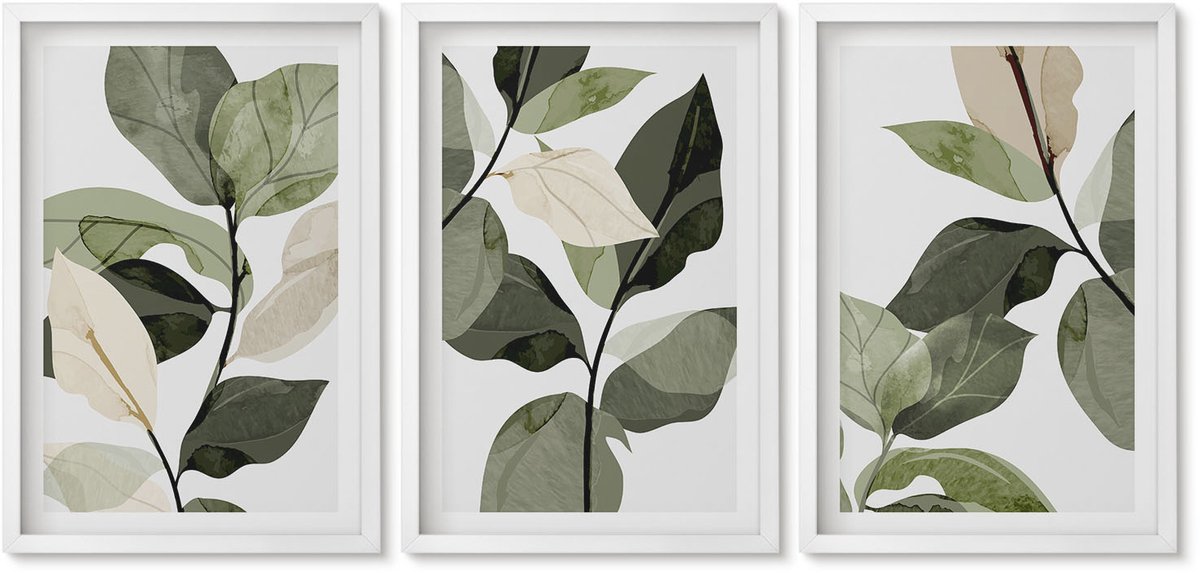 Wallfluent 3-Delige Schilderij Set - Geschilderde Delicate Boho-Plantenbladeren - 40 x 60 - Wanddecoratie - Schilderijen Set - Interieur - Moderne Wanddecoratie