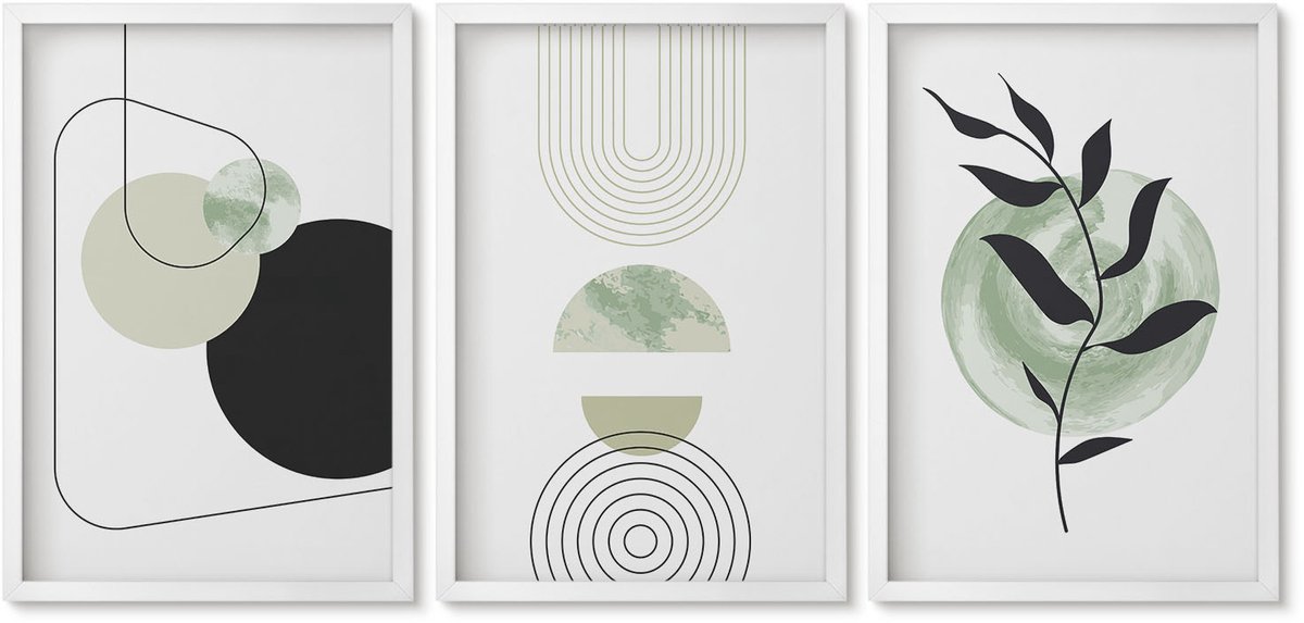 Wallfluent 3-Delige Schilderij Set - Abstracte Vormen En Plantmotieven In Groen - 40 x 60 - Muurdecoratie - Schilderijen Set - Woonkamer - Stijlvolle Muurdecoratie