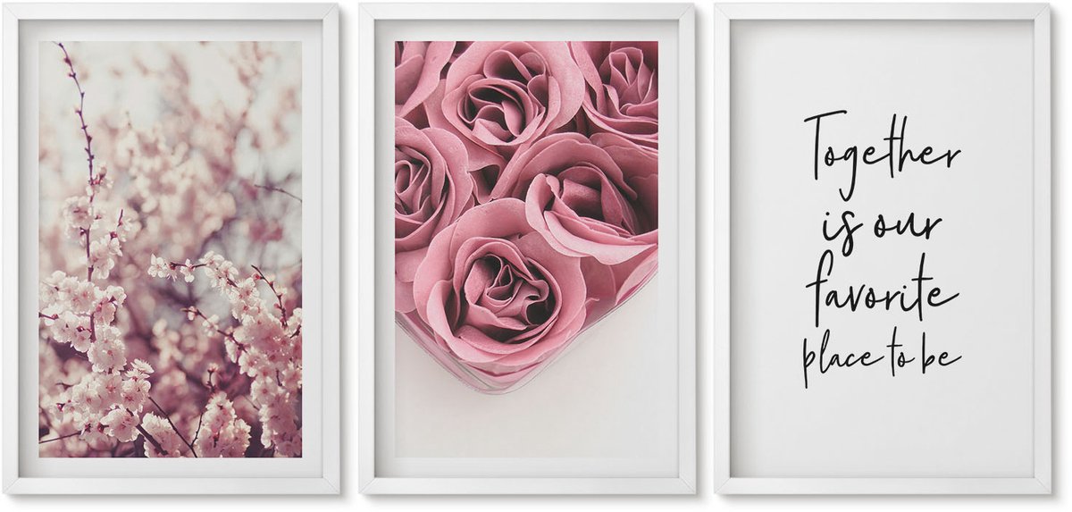 Wallfluent 3-Delige Schilderij Set - Bloemen En Boeketten Rozen Met Een Zelfgeschreven Tekst. - 40 x 60 - Wanddecoratie - Muurdecoratie - Moderne Interieurdecoratie - Decoratieve Schilderijen