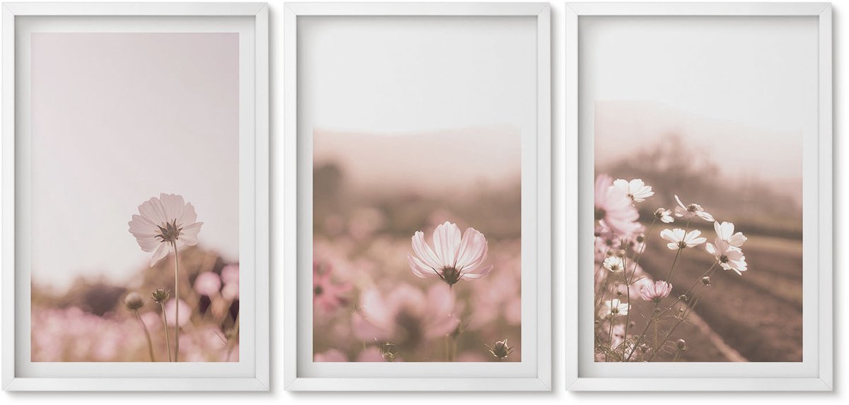 Wallfluent 3-Delige Schilderij Set - Wilde Bloemen In De Weiden In Een Romantisch Zomerlandschap - 40 x 60 - Decoratieve Muurdecoratie - Slaapkamer - Decoratieve Schilderijen