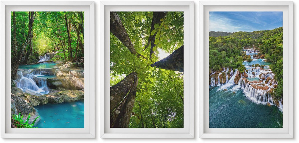 Wallfluent 3-Delige Schilderij Set - Watervallen In Een Groen Bos Met Kristalhelder Water. - 40 x 60 - Muurdecoratie - Schilderijen Set - Woonkamer - Woonkamer Decoratie