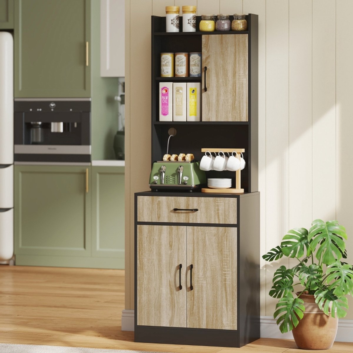REDOM - Keukenkast - Werkblad met kabeldoorvoer - Lade en open vakken - Moderne stijl - Keuken - Melamine - Naturaal hout en zwart - 60 x 40 x 180 cm