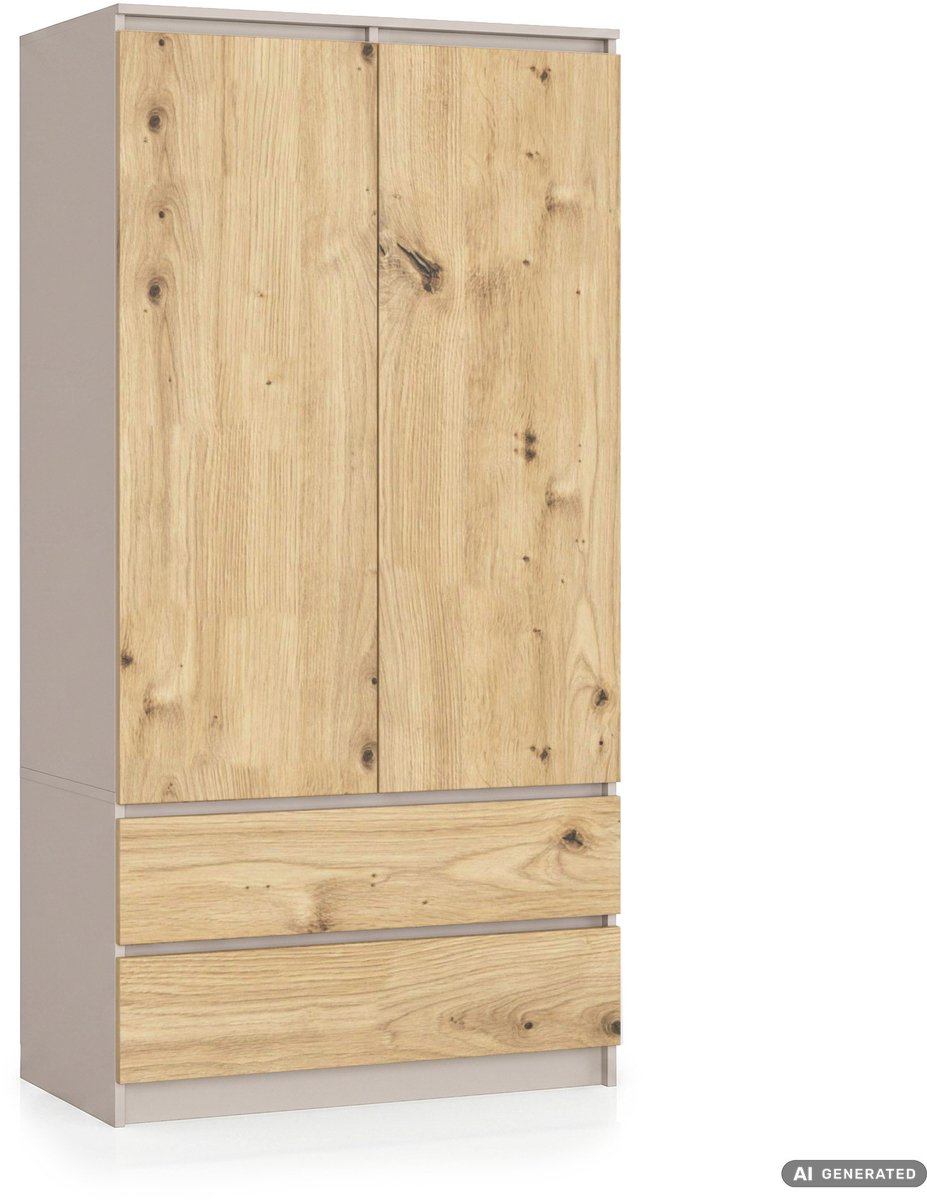 Kleidingkast S90 met 2 Deuren en 2 Lades / AKORD Furniture Factory / Kasjmier - Artisan Eik / 90 x 180 x 51 cm