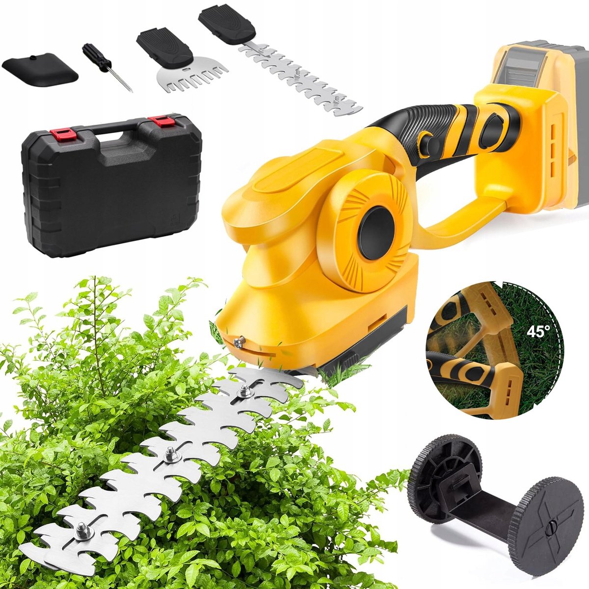 2-in-1 Draadloze Heggenschaar En Grasmaaier - 45° Verstelbare Kop Snelsluiting Dubbele Veiligheidsschakelaar Ergonomische Handgreep - Compatibel Met Dewalt 18V/20V Accu (Niet Inbegrepen) - Geel