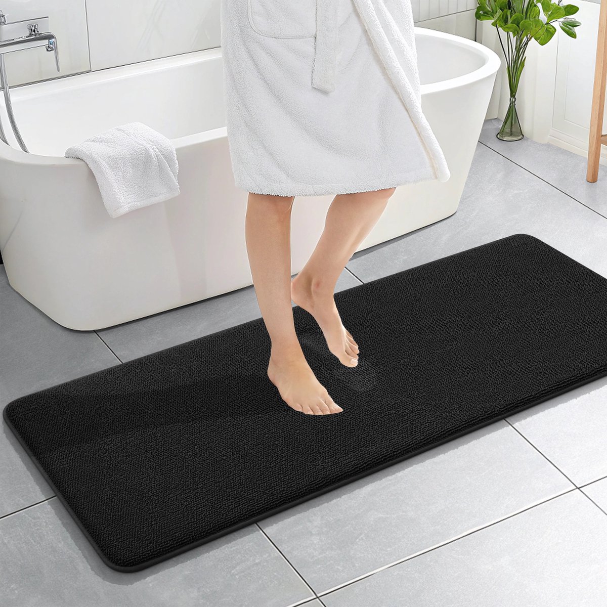 Olanly Badmat Antislip – Dikke Geheugenschuim Douchemat – Badmat Badkamer – Sneldrogend Vloermat – Zwart – 51X150cm