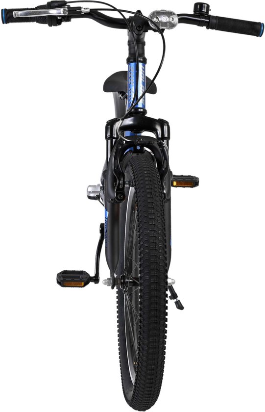 Vooraanzicht van een blauwe en grijze kinderfiets met 20-inch wielen en verlichting.