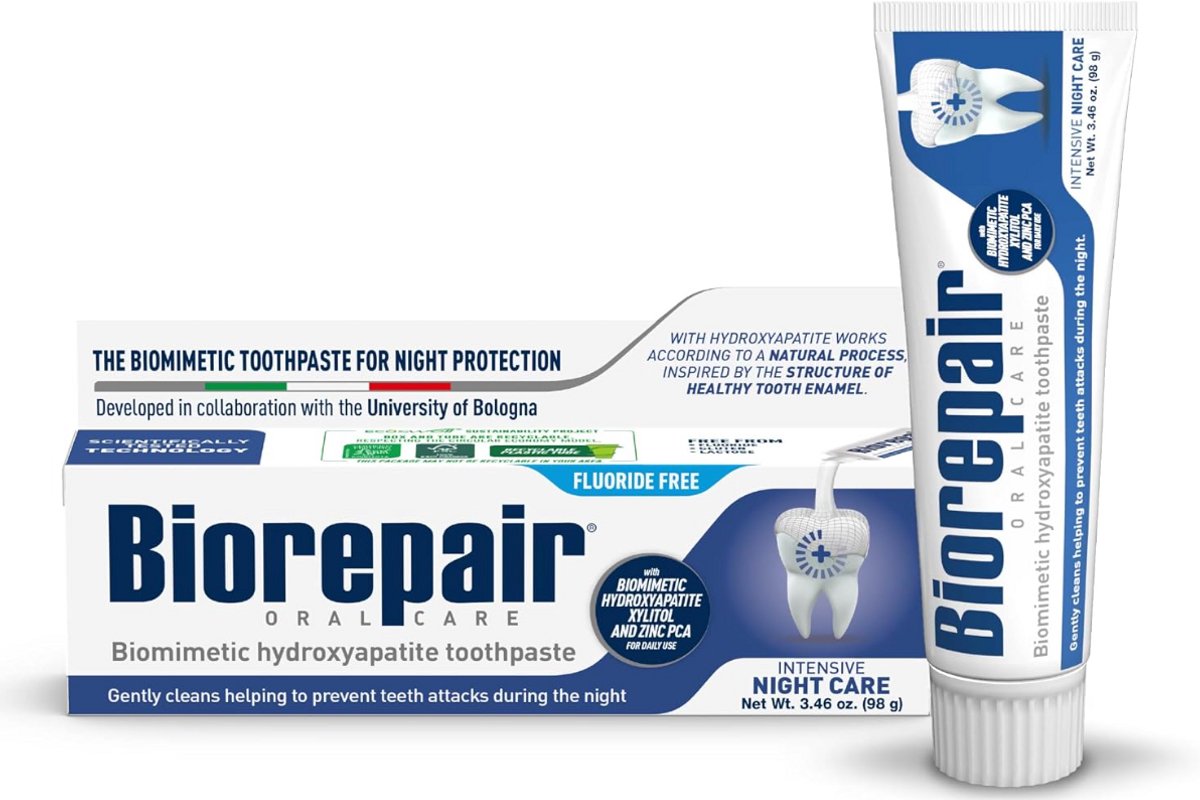 BIOREPAIR Intensive Night Care Tandpasta – Hydroxyapatiet & Xylitol – Fluoridevrij – Met Zinc PCA – Voor Nachtelijke Mondverzorging – 100 g – Made in Italy