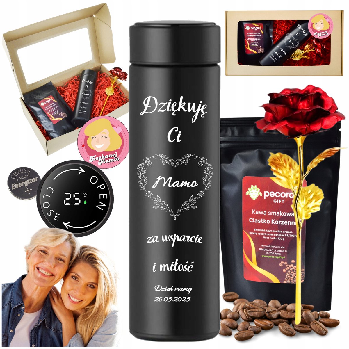 Cadeauset Mama: Thermosbeker LED met Gravure, Rozen & Koffie