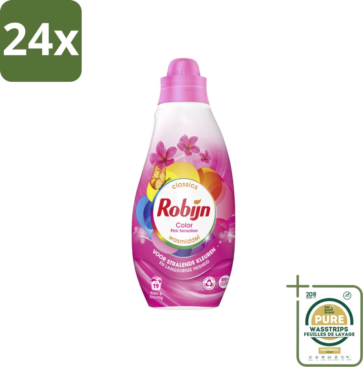 Robijn - Klein & Krachtig Classics Color Pink Sensation - Vloeibaar Wasmiddel - 19 Wasbeurten - Voordeelverpakking - 24 stuks - Wasverzachter - Biologisch afbreekbaar