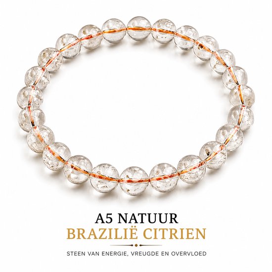 Bracelet de perles rondes et claires avec des inclusions orange. Au-dessus du bracelet, 'A5 NATUUR BRAZILIE CITRIEN'.