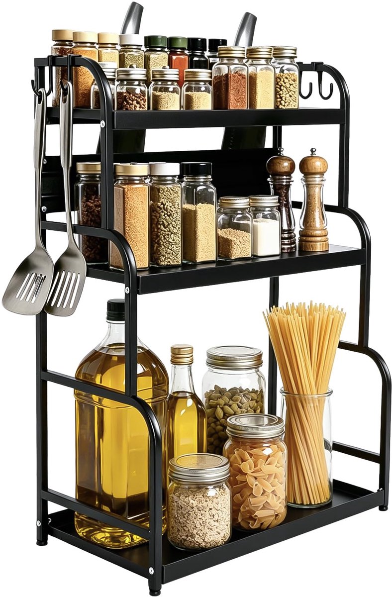 Kruidenrek 3-laags - Zwart - Organizer voor kast en aanrecht - Ruimtebesparend - ShopVlot