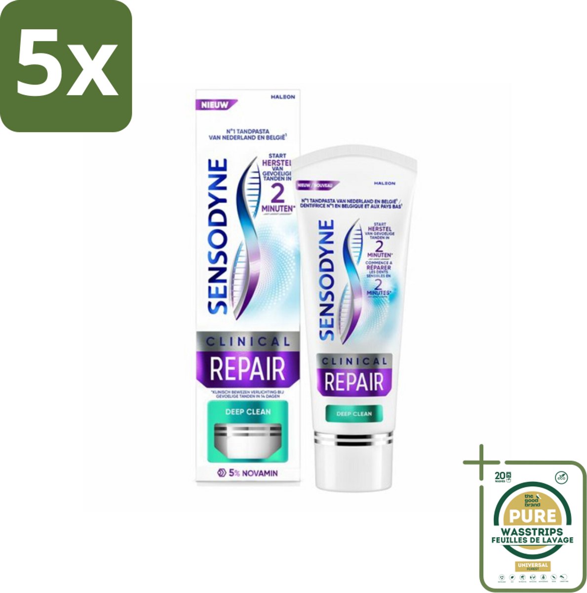 5 x Sensodyne - Tandpasta - Clinical Repair - Deep Clean - Grondige Reiniging - 75 ml - Grootverpakking - Gevoelige Tanden - Tandpasta - Snelle Verlichting - Diepe Reiniging - Klinisch Bewezen