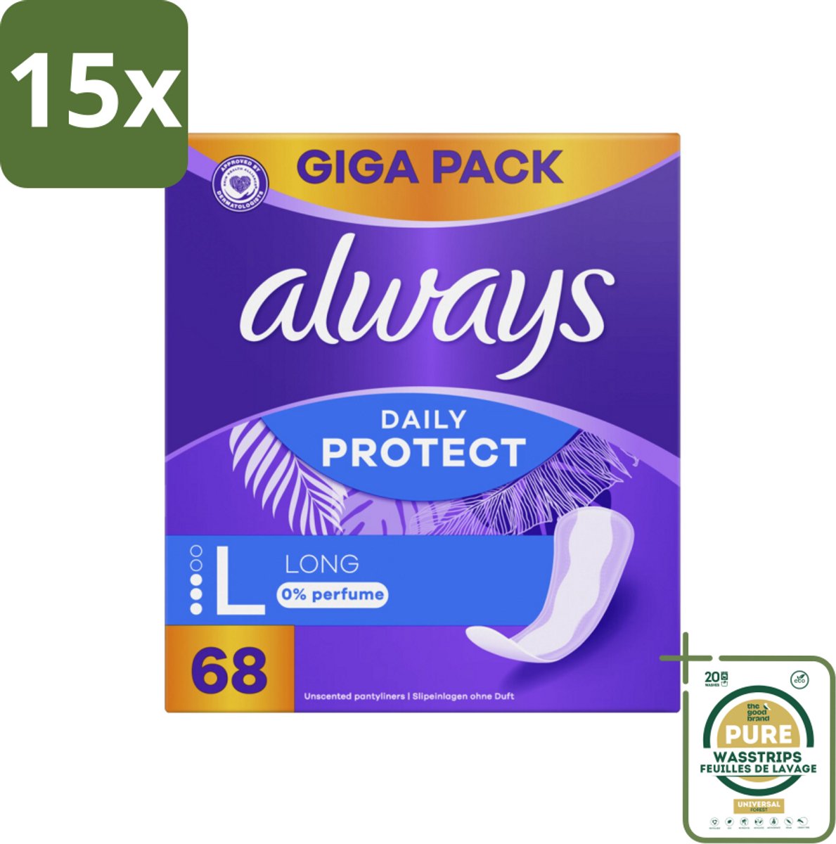 15 x Always - Inlegkruisjes - Long - 0% Parfum - Voordeelverpakking - 68 Inlegkruisjes - Grootverpakking - Inlegkruisje - 0% Parfum - Langdurige Bescherming - Extra Lang - Extra Breed
