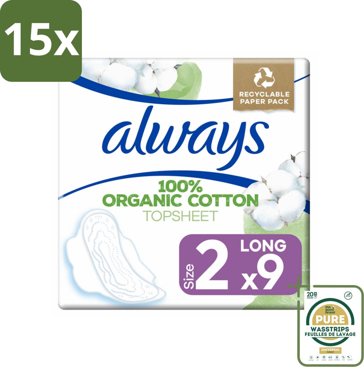 15 x Always - Maandverband - Long - Cotton Protection - Met Vleugels - 9 Maandverband - Grootverpakking - Maandverband - Katoen - Bescherming - Menstruatie - Vleugels