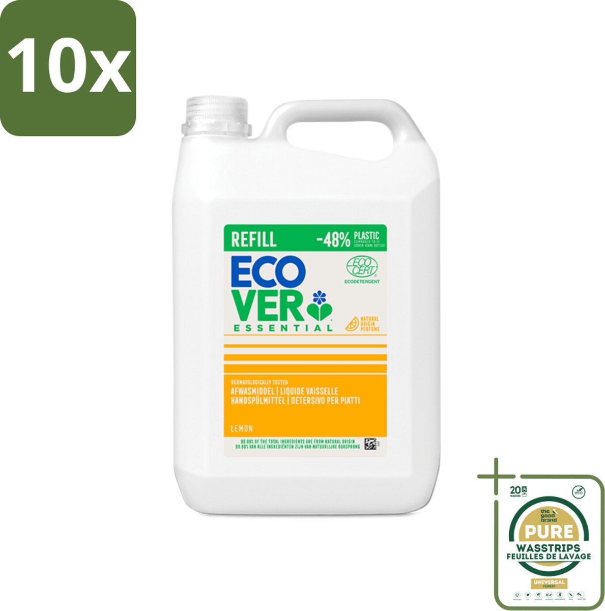 10 x Ecover - Afwasmiddel - Essential Citroen - 5 liter - Grootverpakking - Ecover Afwasmiddel - Afwasmiddel Citroen - Natuurlijk Afwasmiddel - Vetverwijderend Afwasmiddel - Milieuvriendelijk Afwasmiddel