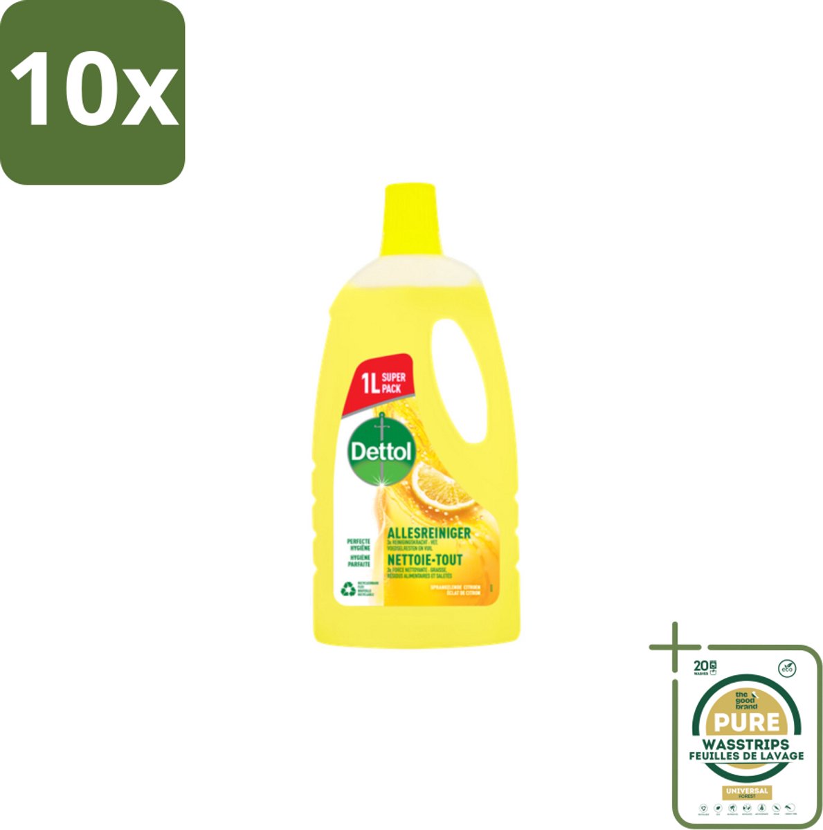 10 x Dettol - Allesreiniger - Citroen - Hygiënisch Schoon - 1 liter - Grootverpakking - Allesreiniger - Citroengeur - Hygiëne - Schoonmaak - Vet Verwijderen