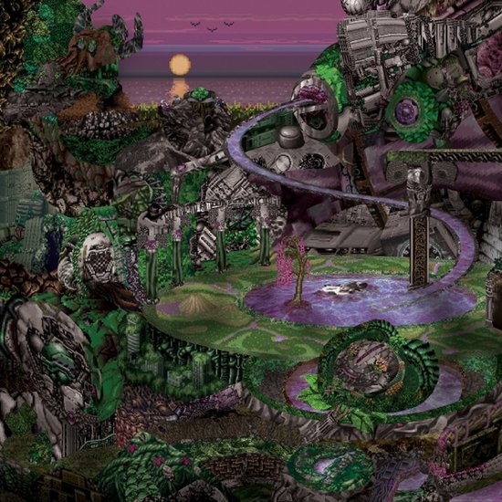 Gedetailleerde digitale illustratie van een surrealistisch landschap met ruïnes, paarse vijvers en een zonsondergang.