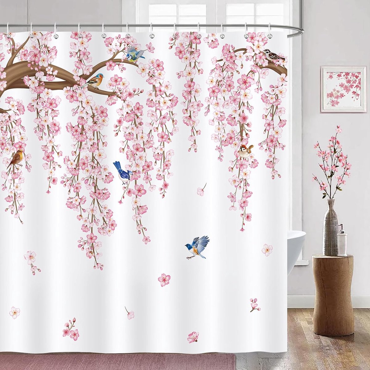 Douchegordijn 182x182 cm - Polyester stof - Kersenbloesem bloemen en vogels - Creëer een lentegevoel in je badkamer - ShopVlot