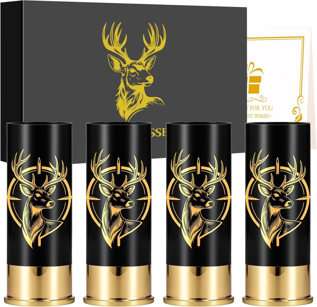 Klein borrelglas van 45 ml in zwart met opvallend hertenkopmotief, hoogwaardig cadeau voor jagers, vaders, ideaal voor - ShopVlot