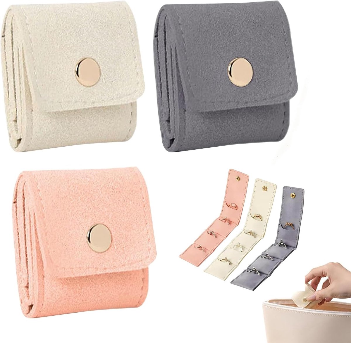 3 stuks mini-reis-juwelendoos, compacte en lichte organizer voor ringen en oorbellen, gedeelde microvezeletui voor - ShopVlot